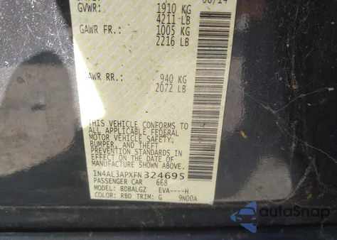 2015 Nissan Altima 2.5 S from USA, damaged, VIN 1N4AL3APXFN324695